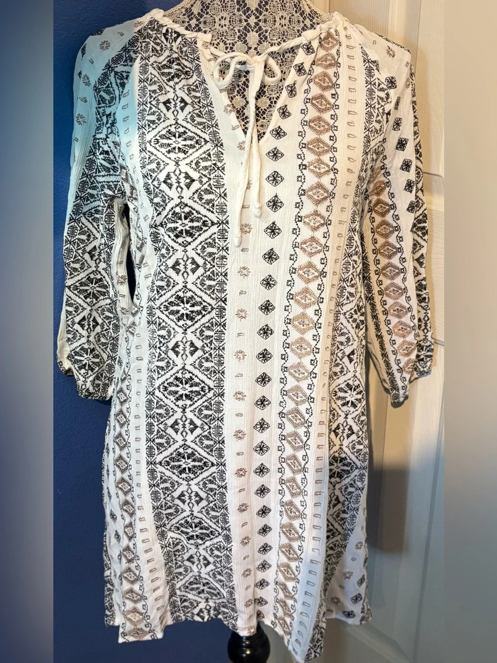 Blue Rain White Dress with Black and Tan Embroidered Print